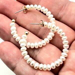 Womens Earrings 14K Yellow Gold 1 1/4 Inch White Pearl Hoops Pierced